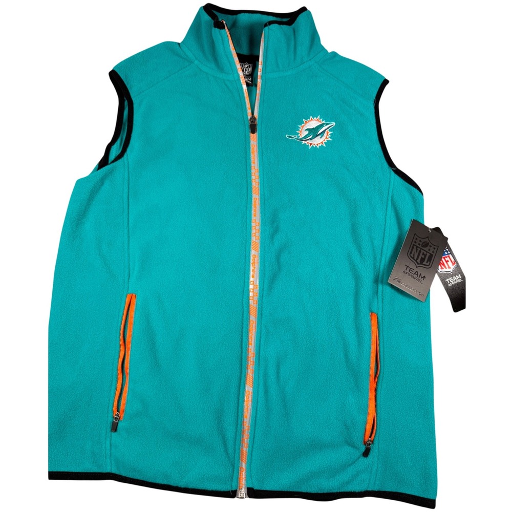 NFL Team Apparel Miami Dolphins Fleece Vest Aqua Orange Full Zip Mens Small NEW